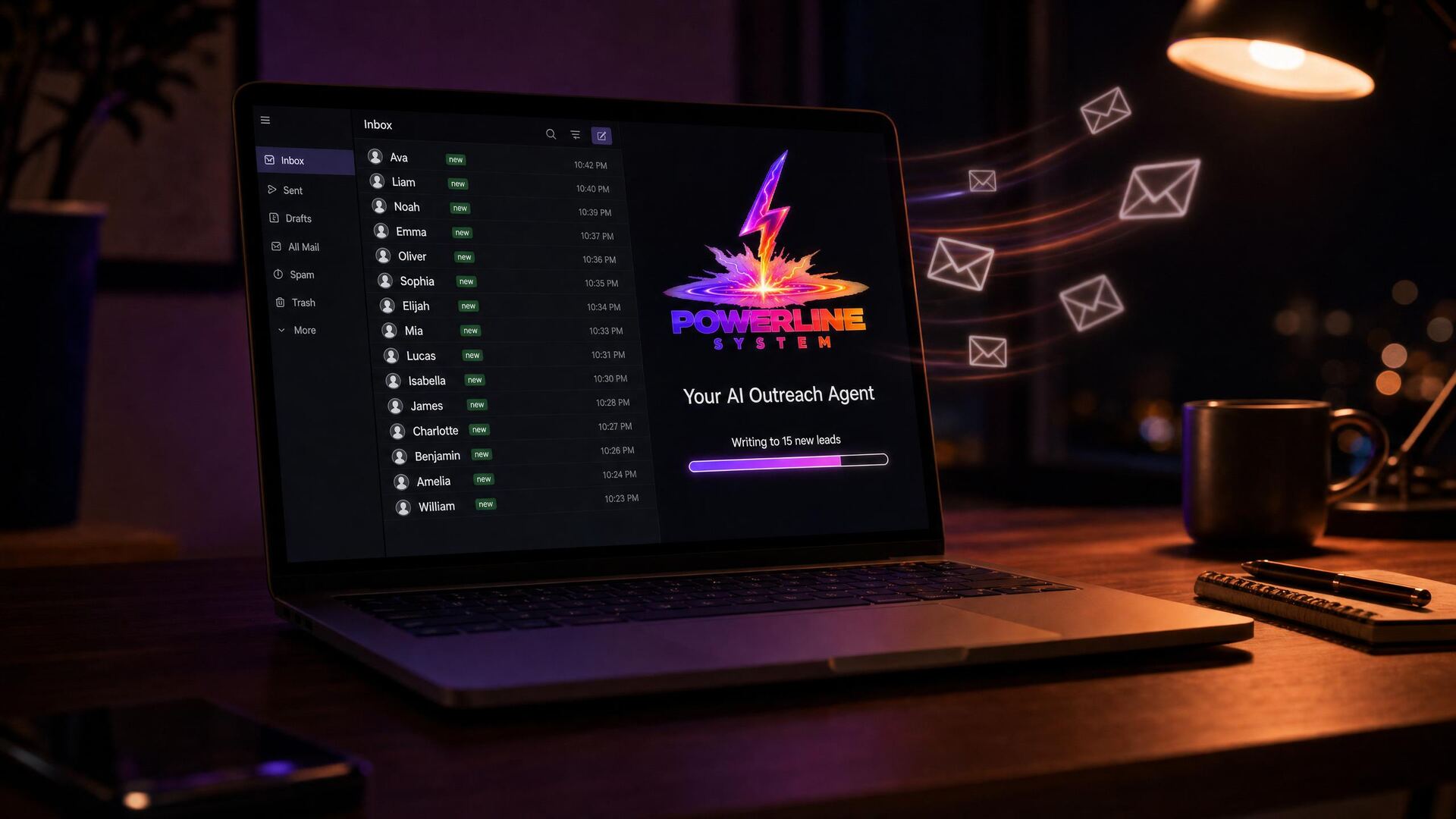 A laptop showing an inbox and the AI Outreach Agent writing to new leads