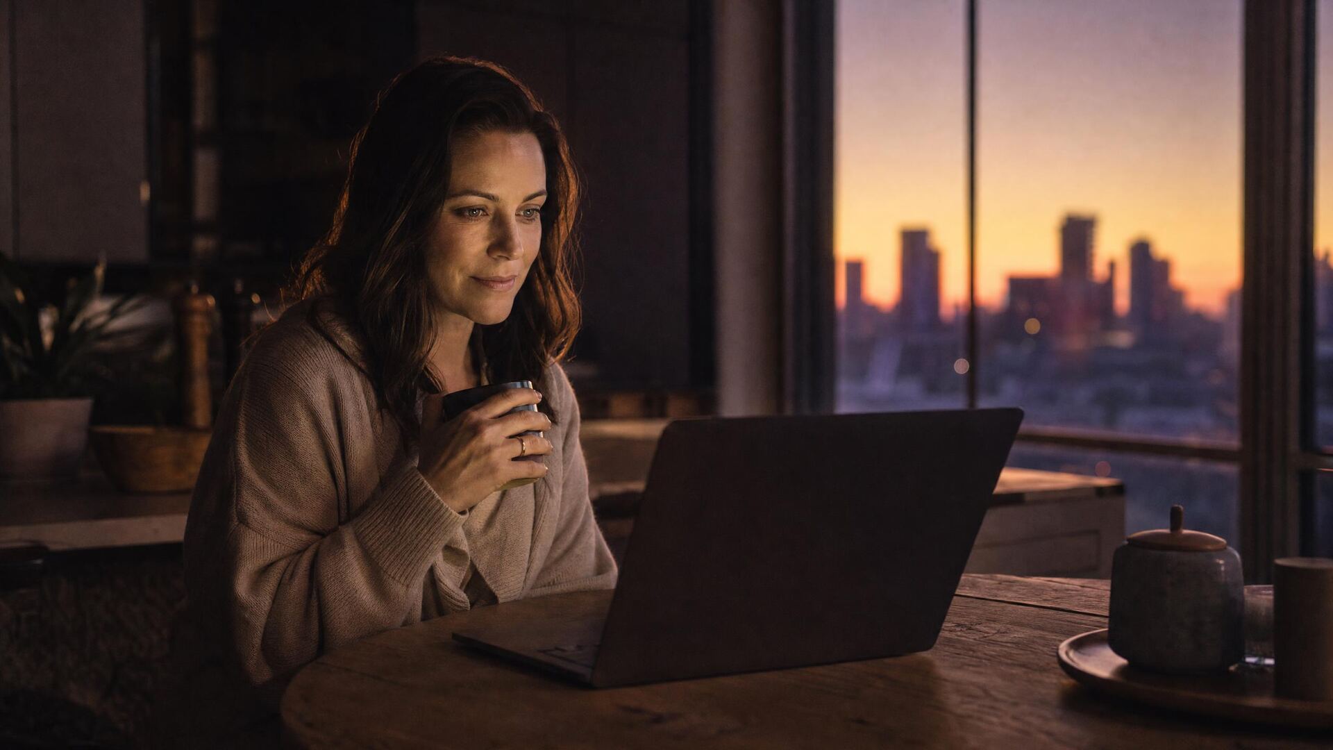 A woman with her morning coffee watching her laptop at sunrise