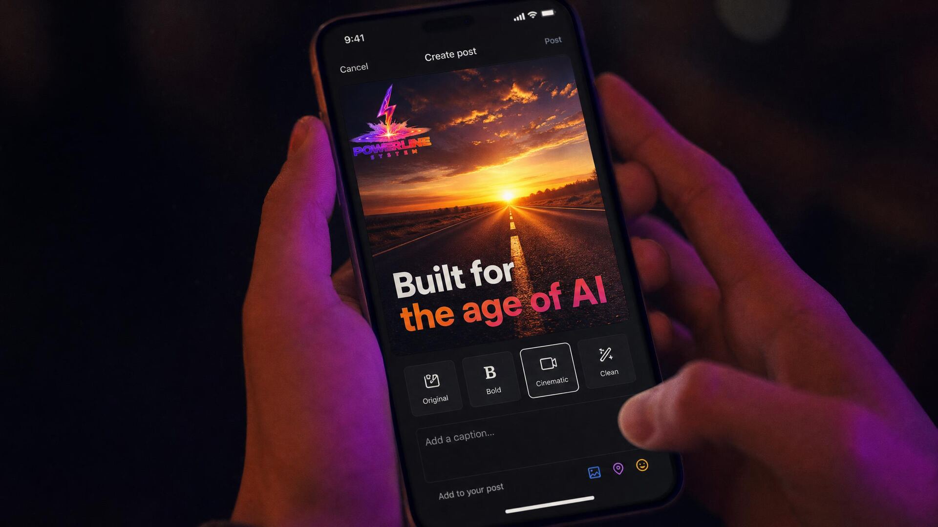 Hands holding a phone, making a post that reads Built for the age of AI