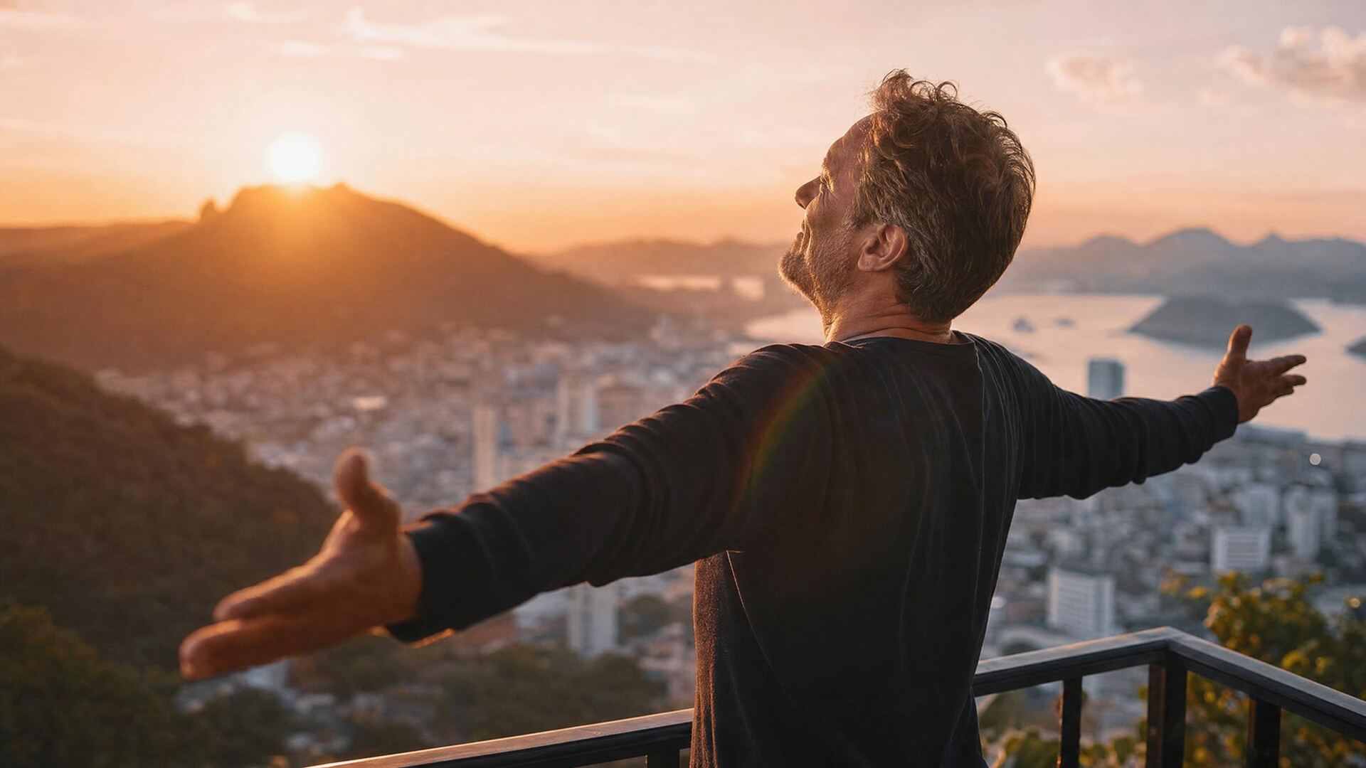 A man stretching on a balcony at sunrise