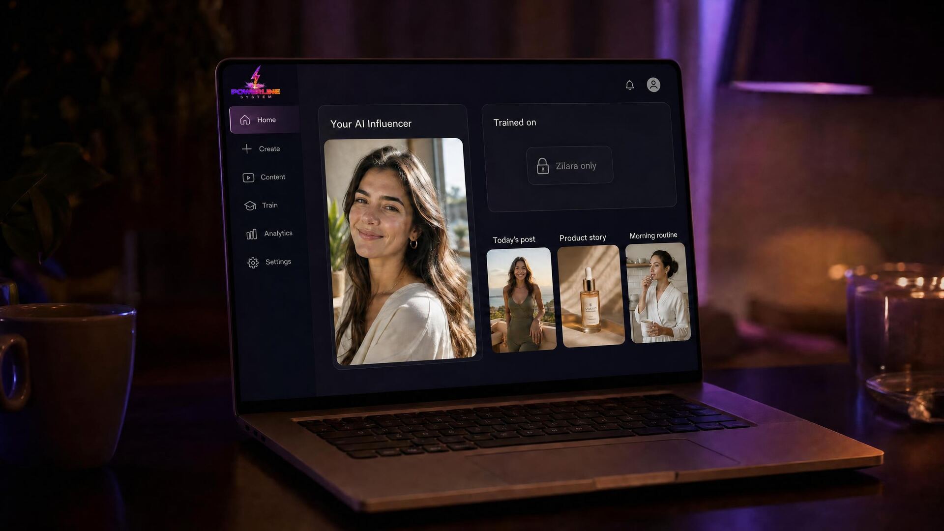 A creator studio screen showing your AI influencer, trained on Zilara only