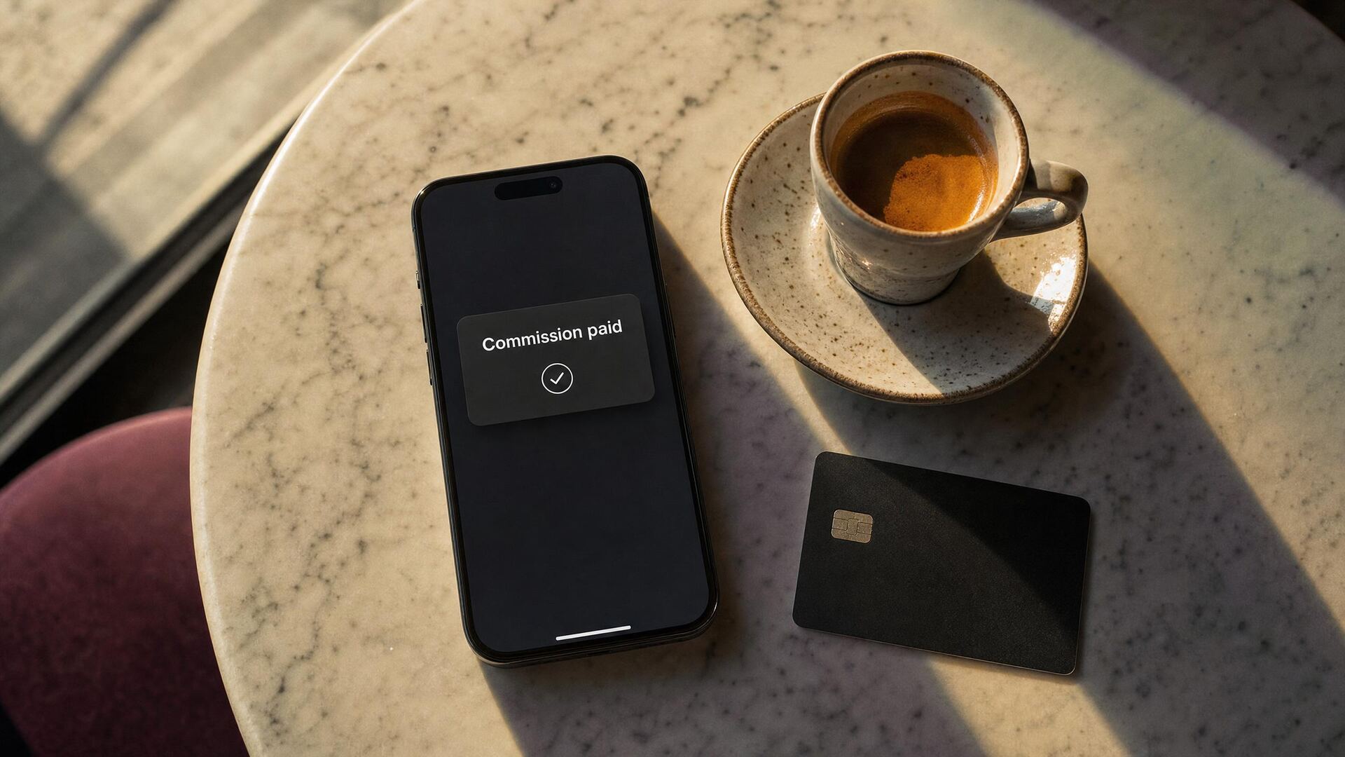 A phone showing a commission paid notice beside an espresso