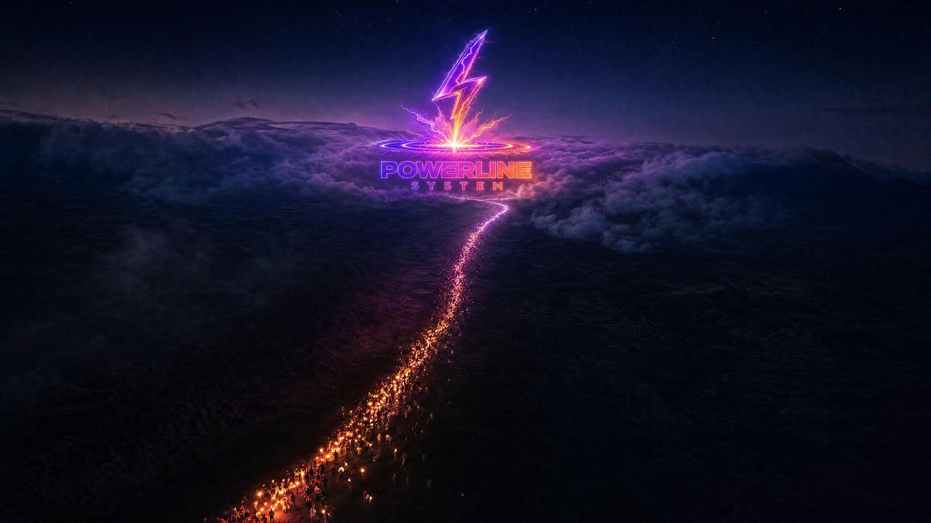 A line of light across a dark landscape, with people joining it