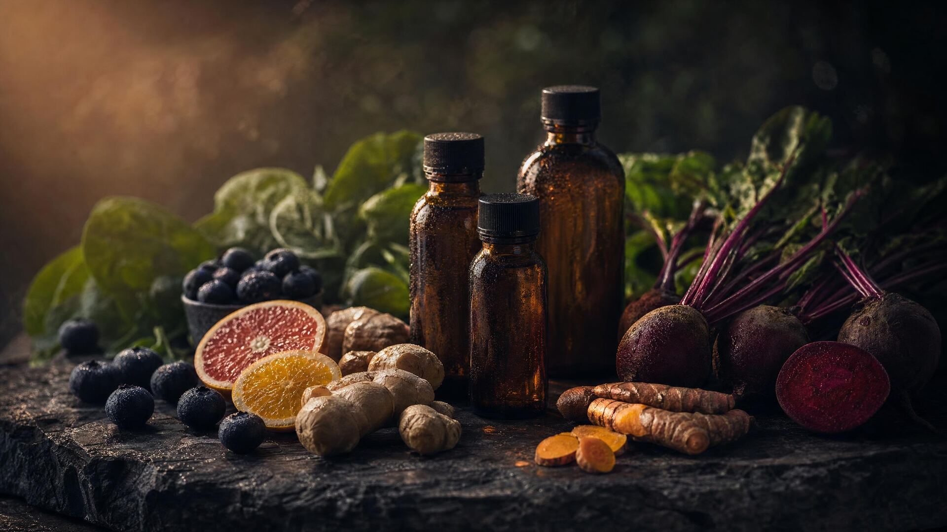Whole foods beside plain amber bottles