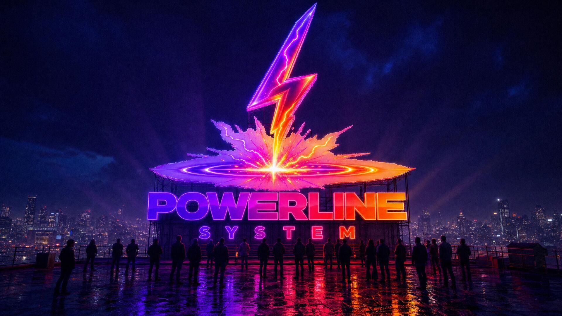 The Powerline System logo glowing above a city rooftop, a crowd looking up