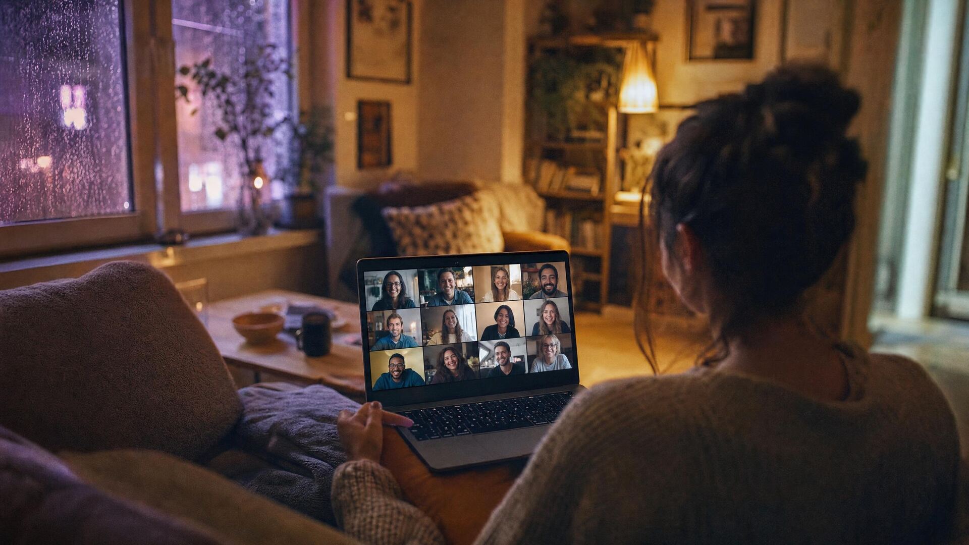 A woman on her sofa in a video call with her team
